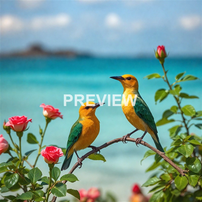 Two colorful birds with yellow and green feathers perched on a branch among pink roses, with a blurred ocean and sky in the background.
